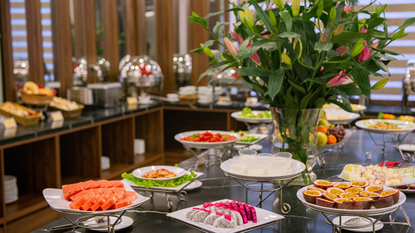 Hotel buffet with fresh fruit on display