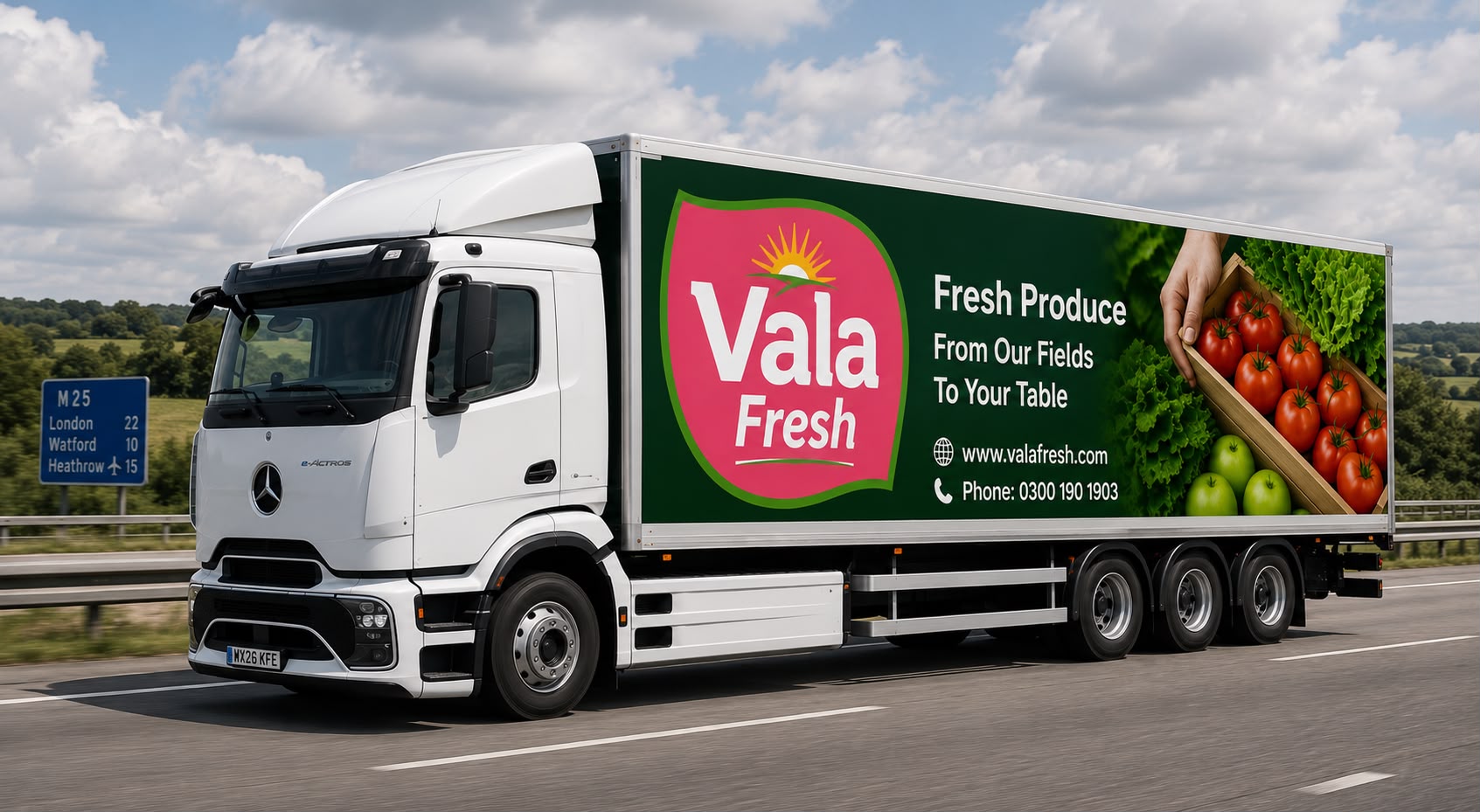 Vala Fresh truck on the M25 — fresh produce from our fields to your table